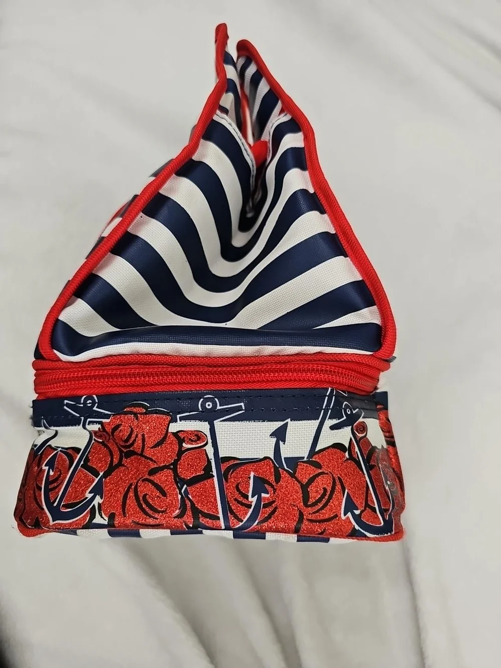 Loungefly Disney Tinker Bell Nautical Lunch Tote Bag Red Glitter Roses Stripes